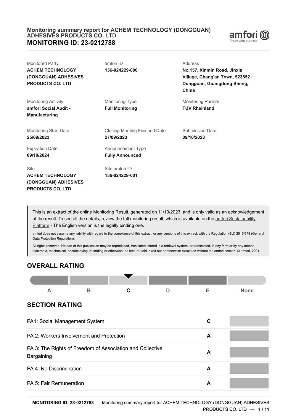 Achem BSCI certification report